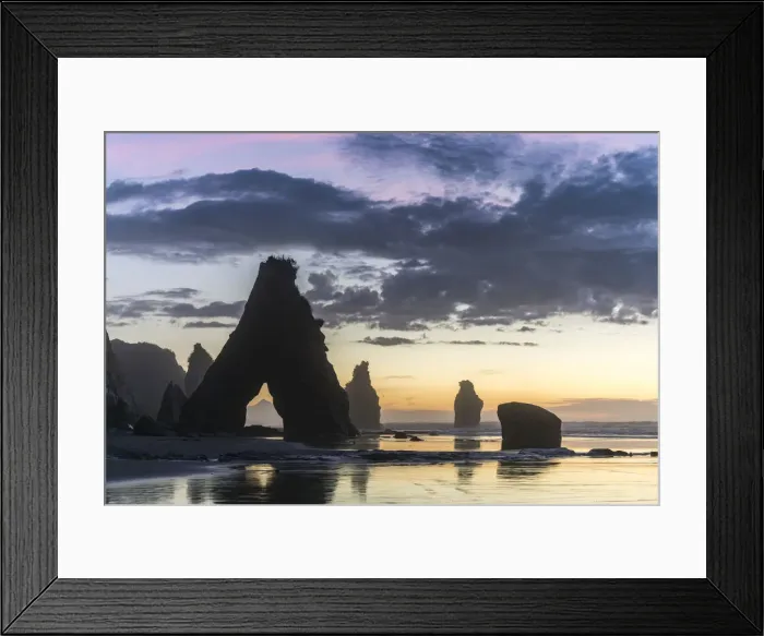 Framed Print : Rock reflect with low tide at the Three Sisters beach, at sunset, with Mt Taranaki Framed Print : Rock reflect with low tide at the Three Sisters beach, at sunset, with Mt Taranaki