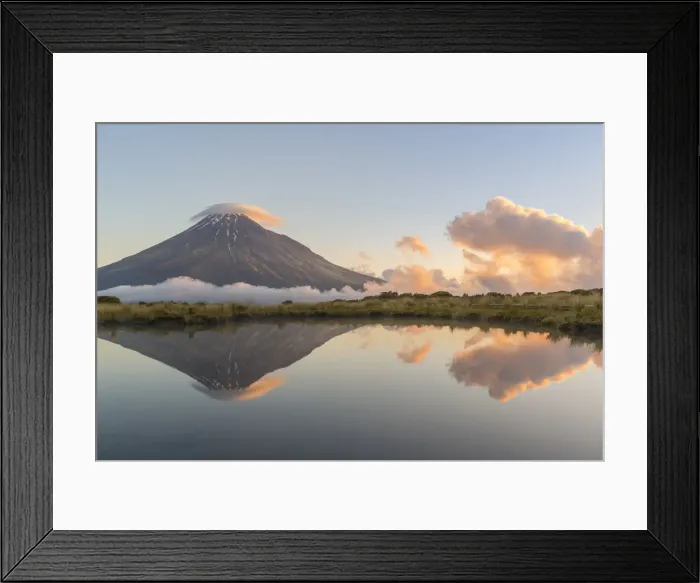 Framed Print : Reflection of Mount Taranaki at sunset. Egmont National Park, New Plymouth district