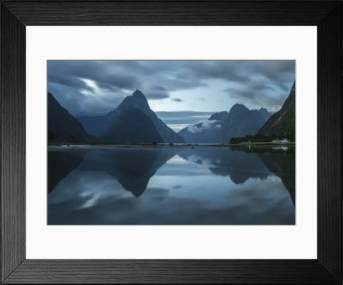 Framed Print : Reflection of Milford Sound at dusk in summer Framed Print : Reflection of Milford Sound at dusk in summer