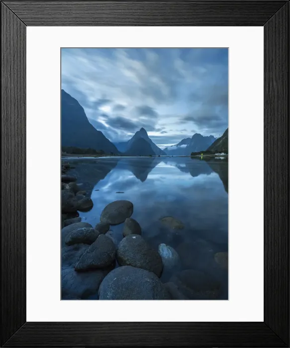 Framed Print : Reflection of Milford Sound at dusk in summer Framed Print : Reflection of Milford Sound at dusk in summer