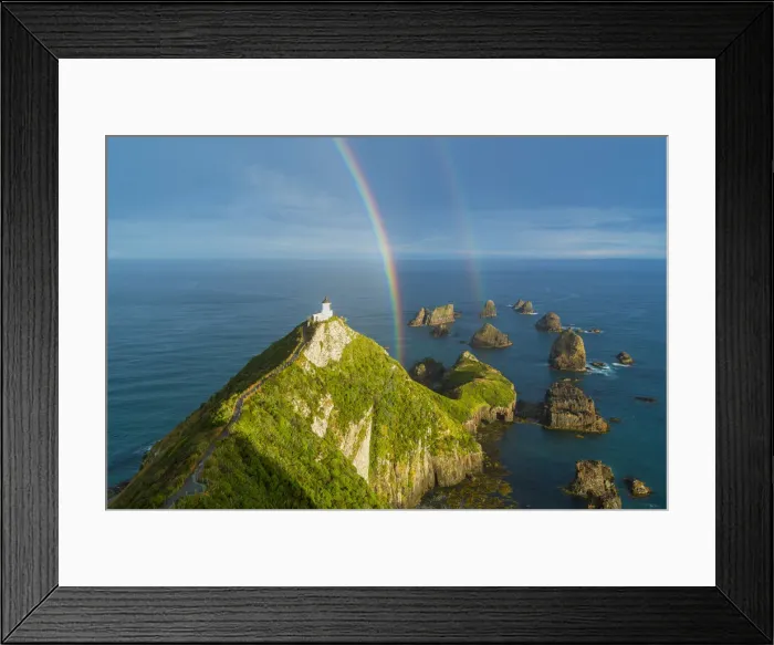 Framed Print : Double rainbow over Nugget Point lighthouse after the storm Framed Print : Double rainbow over Nugget Point lighthouse after the storm