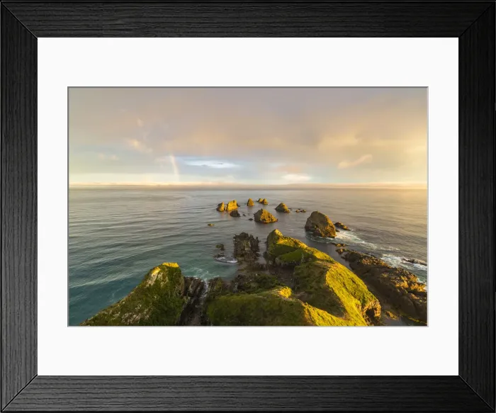 Framed Print : Golden light on The Nuggets islands and rainbow in the sky at Nugget Point. Ahuriri Flat Framed Print : Golden light on The Nuggets islands and rainbow in the sky at Nugget Point. Ahuriri Flat