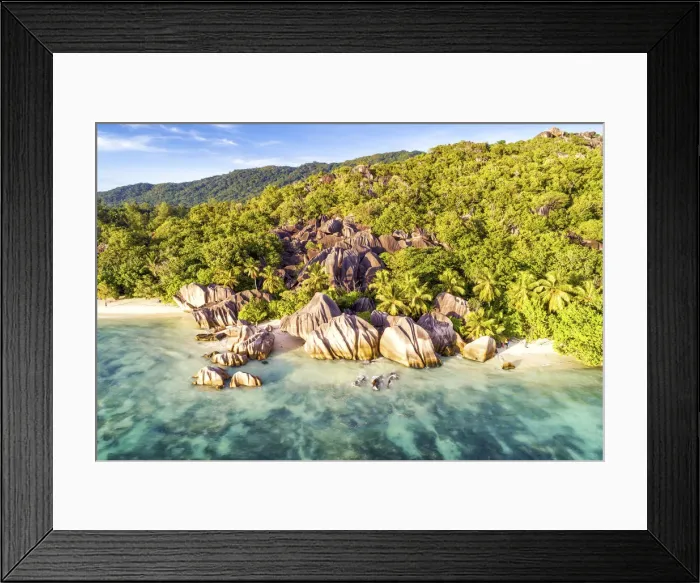 Framed Print : Aerial view of Anse Source d Argent beach, La Digue island, Seychelles, Africa Framed Print : Aerial view of Anse Source d Argent beach, La Digue island, Seychelles, Africa