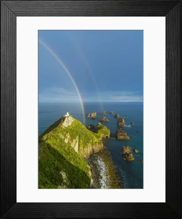 Framed Print : Double rainbow over Nugget Point lighthouse after the storm Framed Print : Double rainbow over Nugget Point lighthouse after the storm