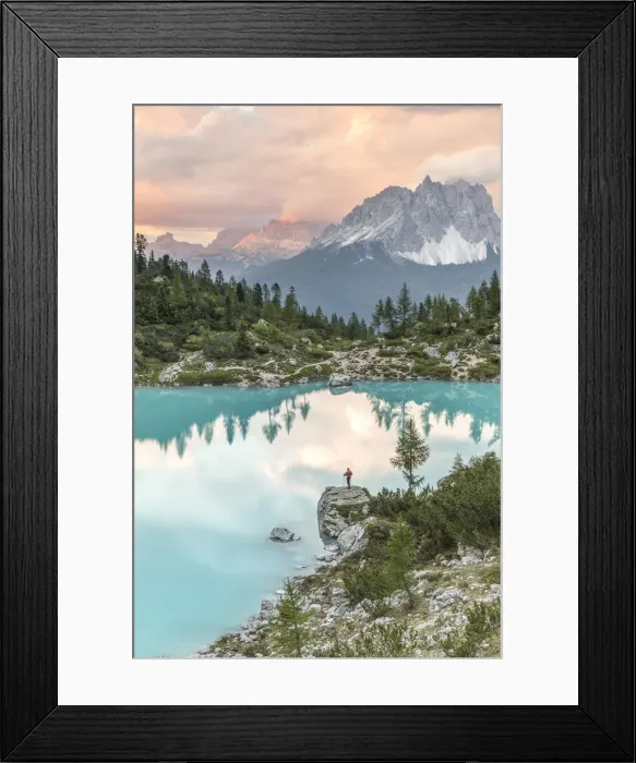 Framed Print : Man standing at sunset at Lake Sorapiss, Sorapiss Lake, Dolomites, Veneto, Italy (MR) Framed Print : Man standing at sunset at Lake Sorapiss, Sorapiss Lake, Dolomites, Veneto, Italy (MR)