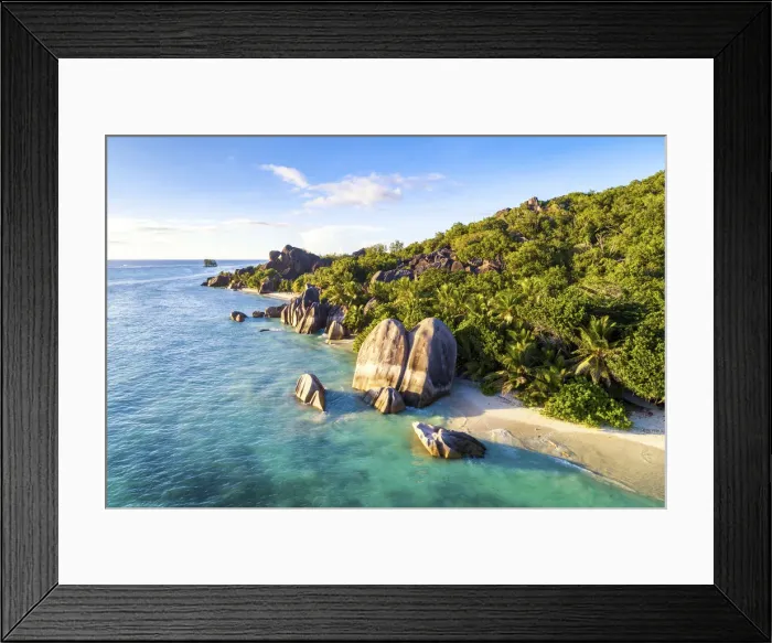 Framed Print : Aerial view of Anse Source d Argent beach at sunset, La Digue island, Seychelles, Africa Framed Print : Aerial view of Anse Source d Argent beach at sunset, La Digue island, Seychelles, Africa