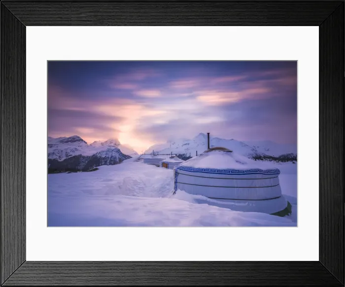 Framed Print : Winter sunset at Mongolian tent at Alp Flix, Sur, Surses, Parc Ela, Region of Albula Framed Print : Winter sunset at Mongolian tent at Alp Flix, Sur, Surses, Parc Ela, Region of Albula