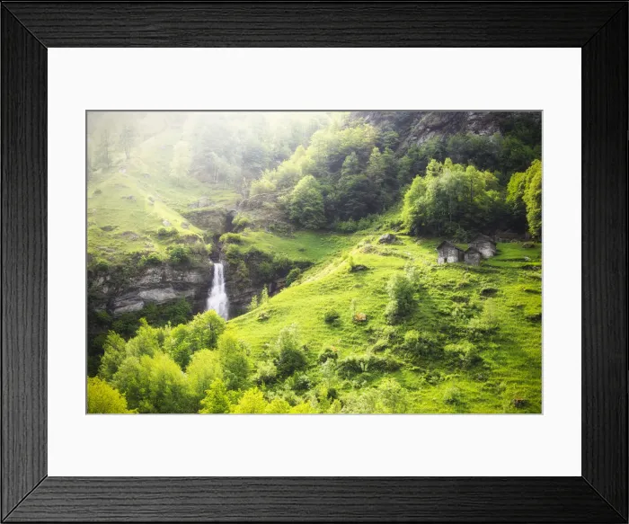 Framed Print : Waterfall of Ri da Sernel and typical houses in spring, Brontallo, Val Lavizzara Framed Print : Waterfall of Ri da Sernel and typical houses in spring, Brontallo, Val Lavizzara