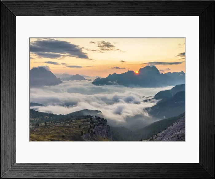 Framed Print : The sun rises in Cortina d Ampezzo hidden by the morning fog, Belluno district Framed Print : The sun rises in Cortina d Ampezzo hidden by the morning fog, Belluno district
