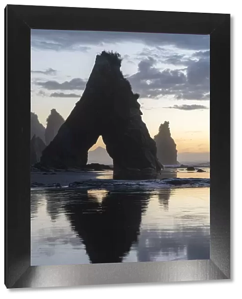 Rock reflect with low tide at the Three Sisters beach, at sunset, with Mt Taranaki