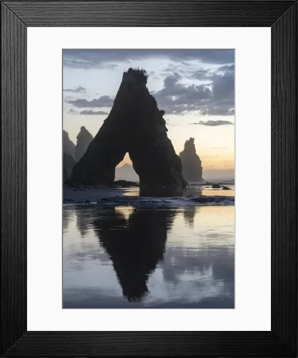 Framed Print : Rock reflect with low tide at the Three Sisters beach, at sunset, with Mt Taranaki Framed Print : Rock reflect with low tide at the Three Sisters beach, at sunset, with Mt Taranaki