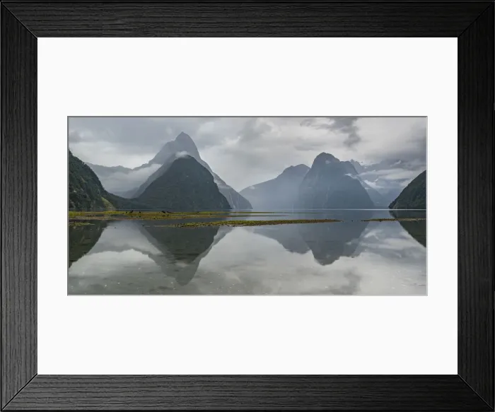 Framed Print : Reflection of Milford Sound on a cloudy summer day. Fiordland NP, Southland district