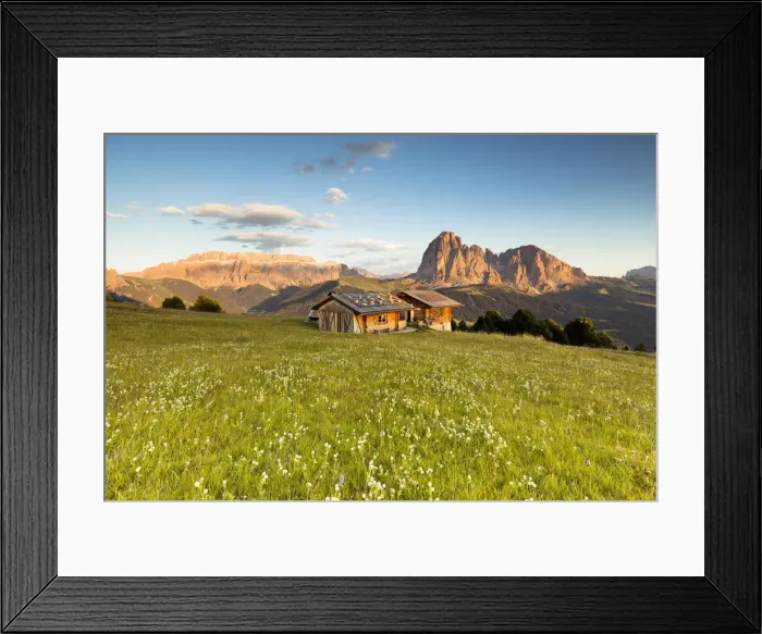 Framed Print : a view of an alpine hut during a sunset in Val Gardena with the Sella Group Framed Print : a view of an alpine hut during a sunset in Val Gardena with the Sella Group
