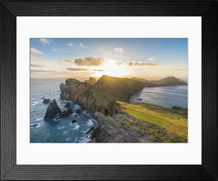 Framed Print : Woman admiring the view of point of St Lawrence and Furado Point at dawn. Canical Framed Print : Woman admiring the view of point of St Lawrence and Furado Point at dawn. Canical