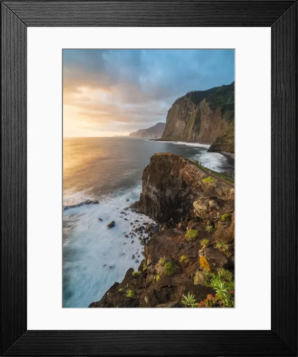 Framed Print : Cliffs on the Atlantic Ocean at dawn. Faial, Santana municipality, Madeira Island