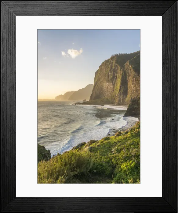Framed Print : Cliffs and waves on Faial beach at dawn. Faial, Santana municipality, Madeira Island