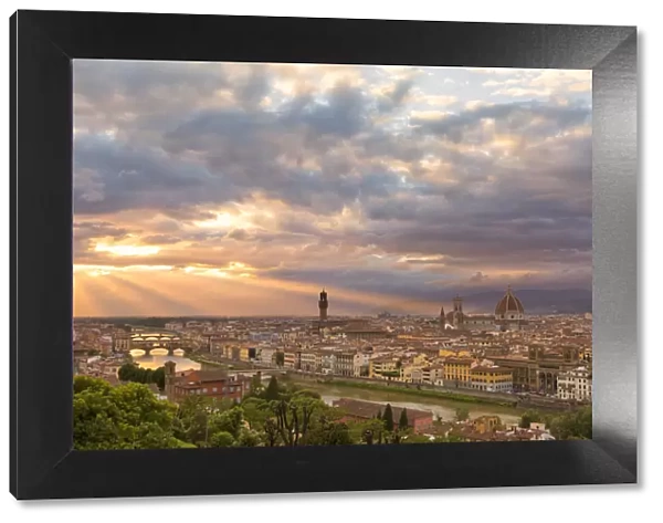 Sunset light on panoramic view of Florence from Piazzale Michelangelo, Florence, Tuscany