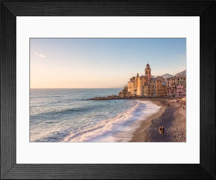 Framed Print : Tourists walking on the beach of Camogli at sunset, Gulf of Paradise, Portofino National