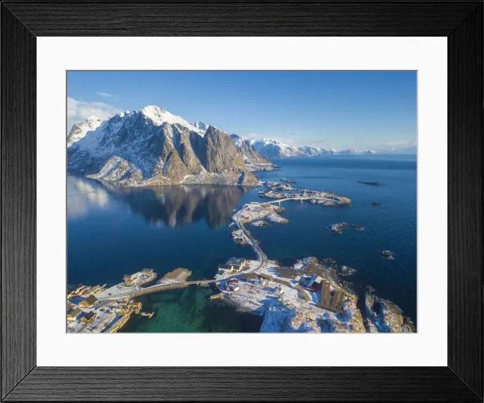 Framed Print : Aerial view of sea and mountains around Sakrisoy, Lofoten Islands, Norway Framed Print : Aerial view of sea and mountains around Sakrisoy, Lofoten Islands, Norway