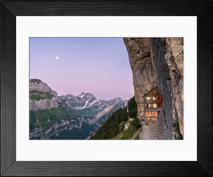 Framed Print : Aescher-Wildkirchli Gasthaus at dusk, Ebenalp, Appenzell Innerrhoden, Switzerland