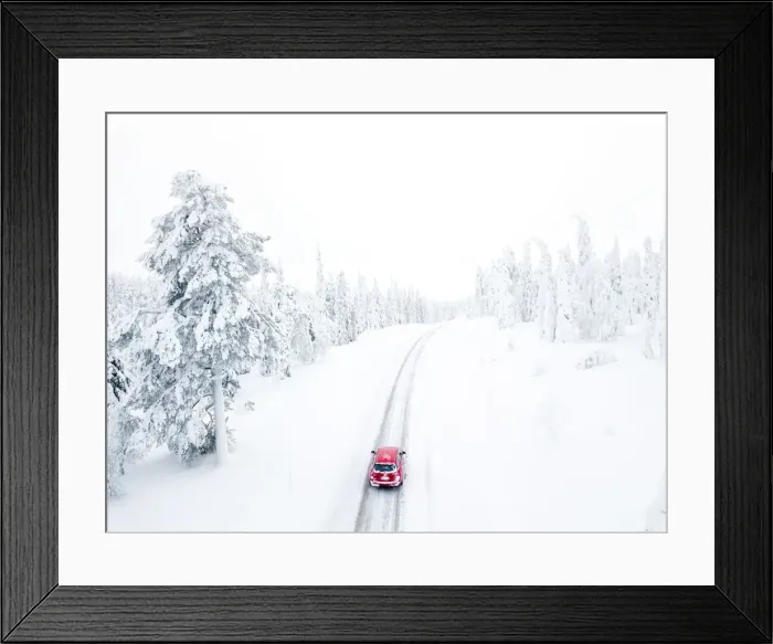 Framed Print : Elevated view of car along the snowy road in the icy forest, Pallas-Yllastunturi Framed Print : Elevated view of car along the snowy road in the icy forest, Pallas-Yllastunturi
