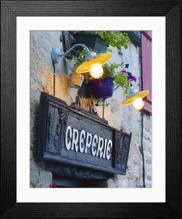 Framed Print : France, Brittany, Finistere, Quimper, Old town, Creperie sign at dusk Framed Print : France, Brittany, Finistere, Quimper, Old town, Creperie sign at dusk