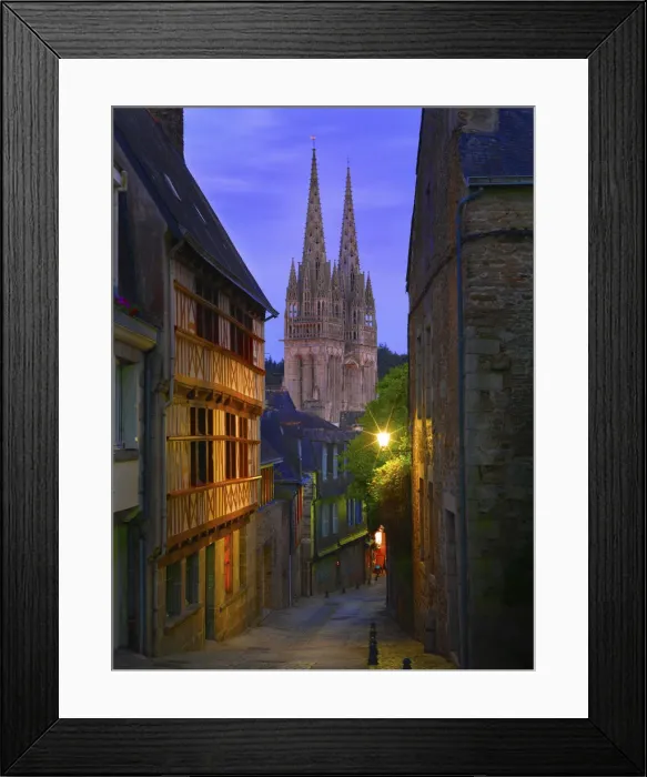 Framed Print : France, Brittany, Finistere, Quimper, view down cobbled street to Saint Corentin Framed Print : France, Brittany, Finistere, Quimper, view down cobbled street to Saint Corentin