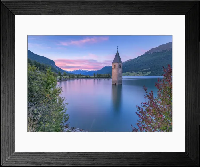 Framed Print : Bell tower submerged of Resia lake at sunrise Europe, Italy, Trentino Alto Adige Framed Print : Bell tower submerged of Resia lake at sunrise Europe, Italy, Trentino Alto Adige