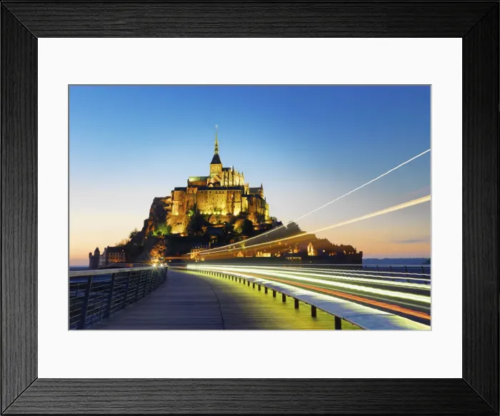 Framed Print : France, Normandy, Le Mont Saint Michel, traffic trail light at night Framed Print : France, Normandy, Le Mont Saint Michel, traffic trail light at night