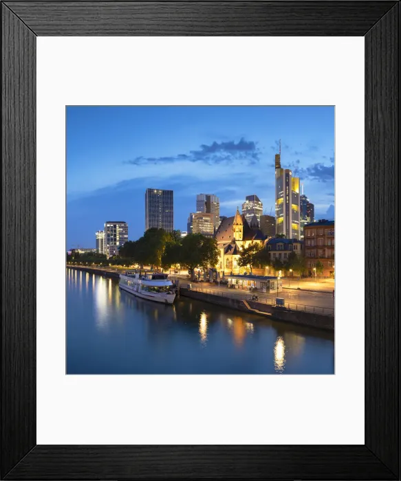 Framed Print : Skyline along River Main at dusk, Frankfurt, Hesse, Germany Framed Print : Skyline along River Main at dusk, Frankfurt, Hesse, Germany
