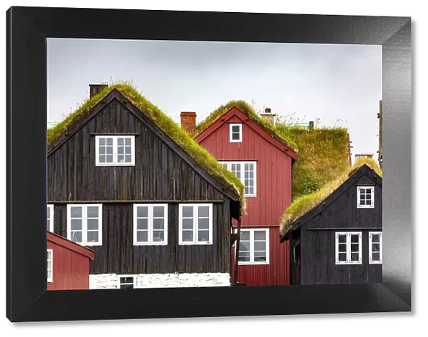 TAorshavn, Faroe Islands, Europe. Typical houses with grass over the roof