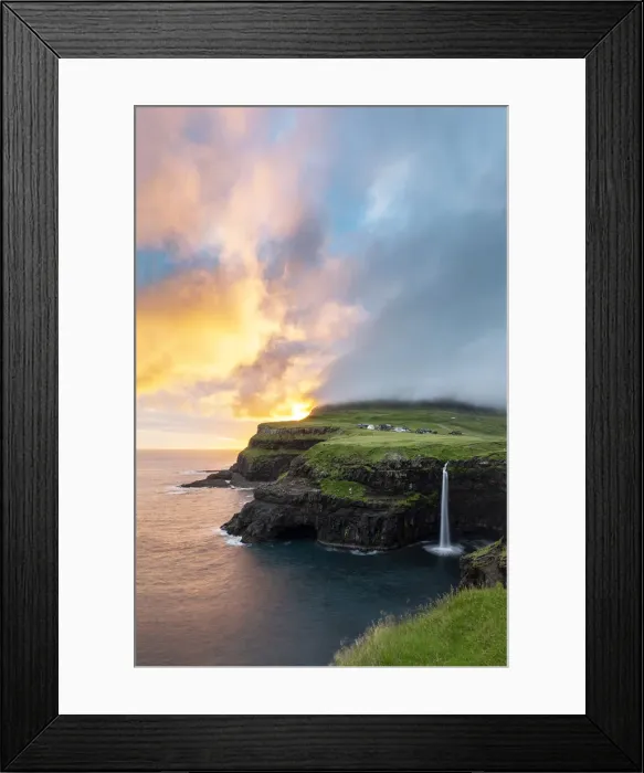 Framed Print : Gasadalur waterfall at sunset, Vagar, Faroe Islands Framed Print : Gasadalur waterfall at sunset, Vagar, Faroe Islands