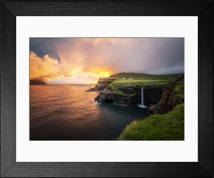 Framed Print : Gasadalur waterfall at sunset, Vagar, Faroe Islands Framed Print : Gasadalur waterfall at sunset, Vagar, Faroe Islands