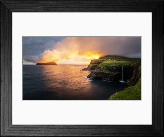 Framed Print : Gasadalur waterfall at sunset, Vagar, Faroe Islands Framed Print : Gasadalur waterfall at sunset, Vagar, Faroe Islands