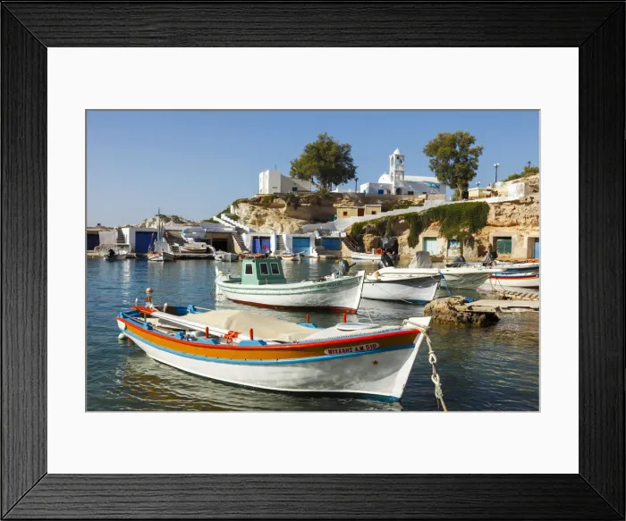 Framed Print : Colourful port of Mandraki on the island of Milos, Cyclades, Greece Framed Print : Colourful port of Mandraki on the island of Milos, Cyclades, Greece