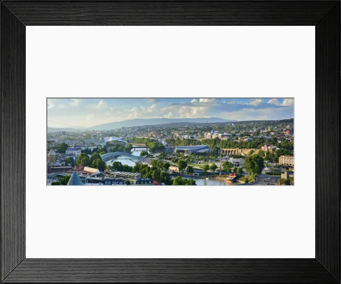Framed Print : Bridge of Peace and the Mtkvari river. The Public Service Building and on the right Framed Print : Bridge of Peace and the Mtkvari river. The Public Service Building and on the right