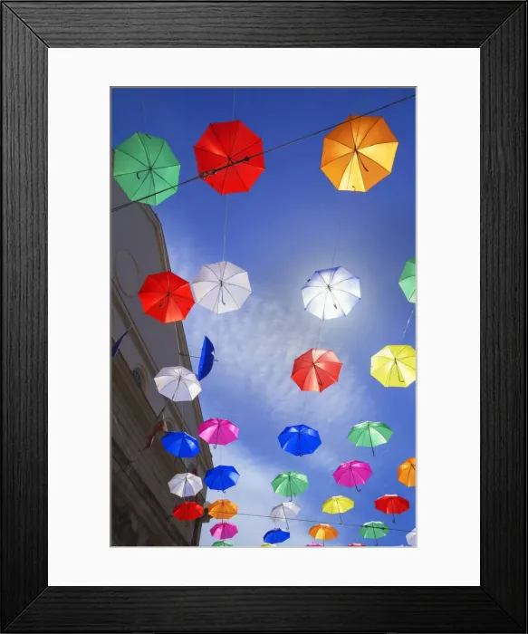 Framed Print : Brightly coloured floating umbrellas, Genoa, Liguria, Italy Framed Print : Brightly coloured floating umbrellas, Genoa, Liguria, Italy