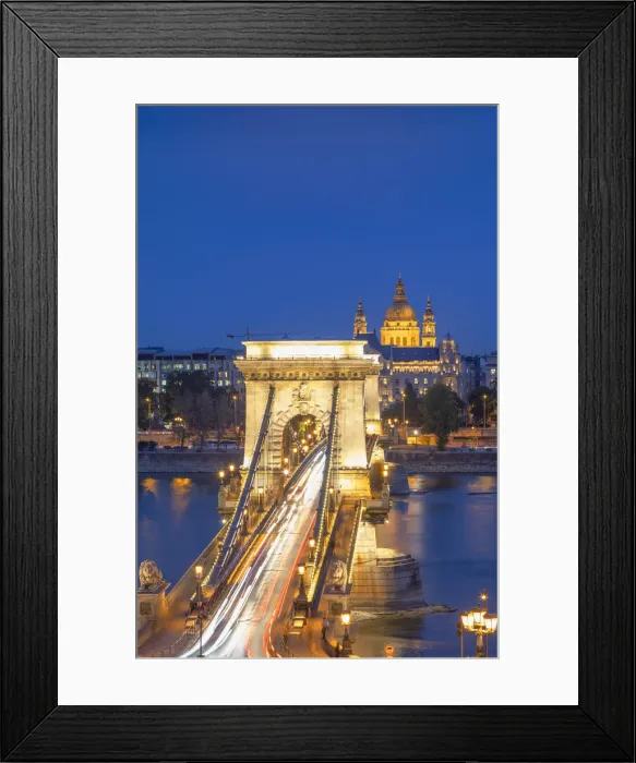 Framed Print : Chain Bridge (Szechenyi Bridge) and St Stephenas Basilica at dusk, Budapest, Hungary Framed Print : Chain Bridge (Szechenyi Bridge) and St Stephenas Basilica at dusk, Budapest, Hungary