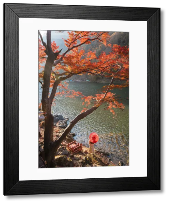Framed Print : Arashiyama, Kyoto, Kyoto prefecture, Kansai region, Japan. Woman with red umbrella Framed Print : Arashiyama, Kyoto, Kyoto prefecture, Kansai region, Japan. Woman with red umbrella