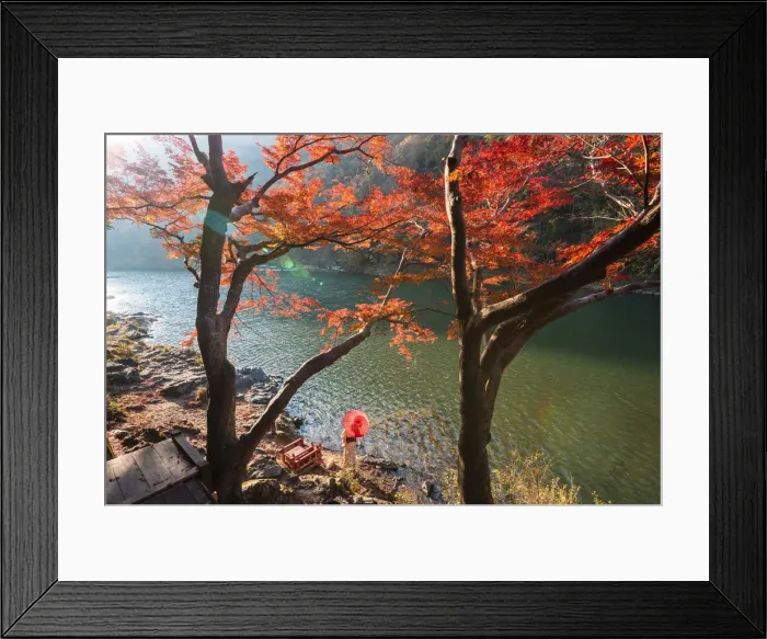 Framed Print : Arashiyama, Kyoto, Kyoto prefecture, Kansai region, Japan. Woman with red umbrella Framed Print : Arashiyama, Kyoto, Kyoto prefecture, Kansai region, Japan. Woman with red umbrella