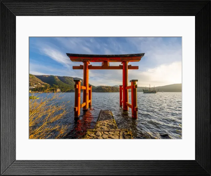 Framed Print : Hakone, Kanagawa Prefecture, Honshu, Japan. Red torii gate at lake Ashi Framed Print : Hakone, Kanagawa Prefecture, Honshu, Japan. Red torii gate at lake Ashi