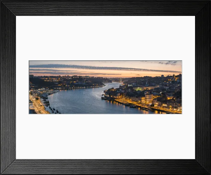 Framed Print : Portugal, Norte region, Porto (Oporto). Douro river banks at dusk with Arrabida bridge