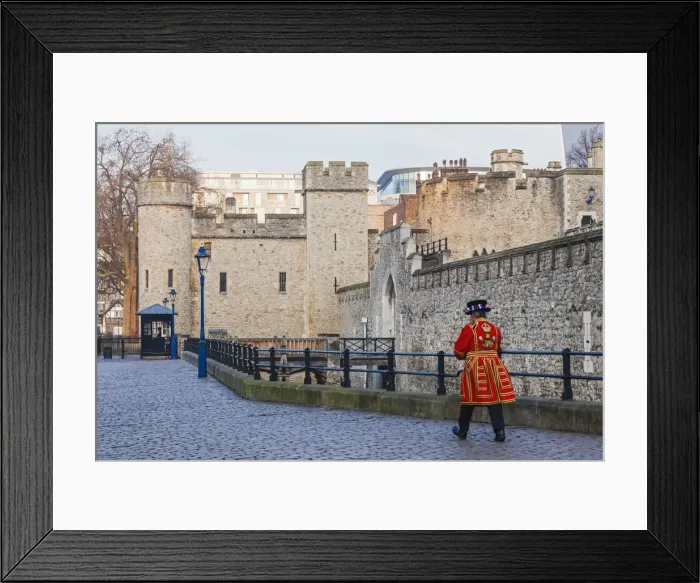 Framed Print : England, London, Tower of London, Tower Walls and Beefeater Framed Print : England, London, Tower of London, Tower Walls and Beefeater