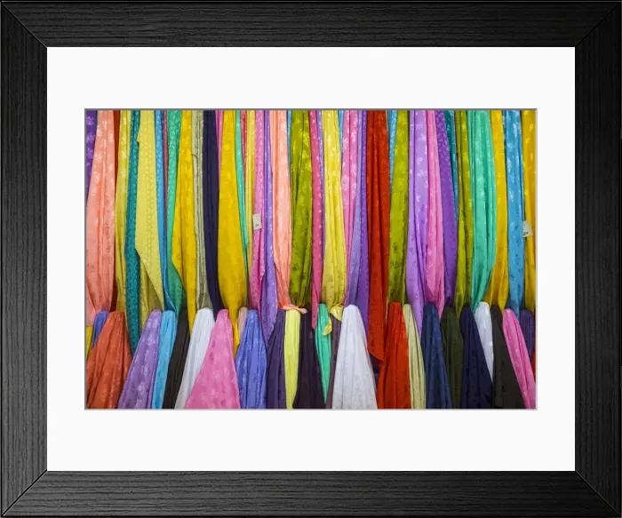 Framed Print : Colourful cotton fabrics for sale in Souk Waqif, Doha, Qatar Framed Print : Colourful cotton fabrics for sale in Souk Waqif, Doha, Qatar