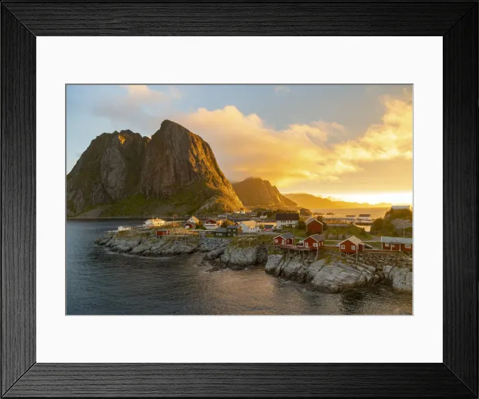 Framed Print : Red wooden huts, known as Rorbu, in the village of Reine on the Hamnoy island, Lofoten Framed Print : Red wooden huts, known as Rorbu, in the village of Reine on the Hamnoy island, Lofoten