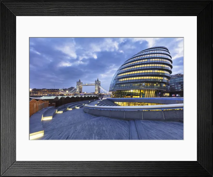 Framed Print : Illuminated Tower Bridge, City Hall, right, designed by Norman Foster, at dawn, London Framed Print : Illuminated Tower Bridge, City Hall, right, designed by Norman Foster, at dawn, London