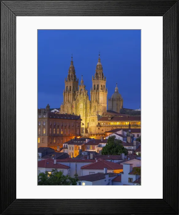 Framed Print : Spain, Galicia, Santiago de Compostela, view over rooftops to cathedral illuminated