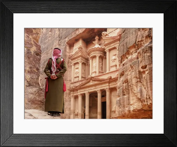 Framed Print : Jordanian Army Soldier in front of The Treasury, Al-Khazneh, Petra, Ma an Governorate Framed Print : Jordanian Army Soldier in front of The Treasury, Al-Khazneh, Petra, Ma an Governorate