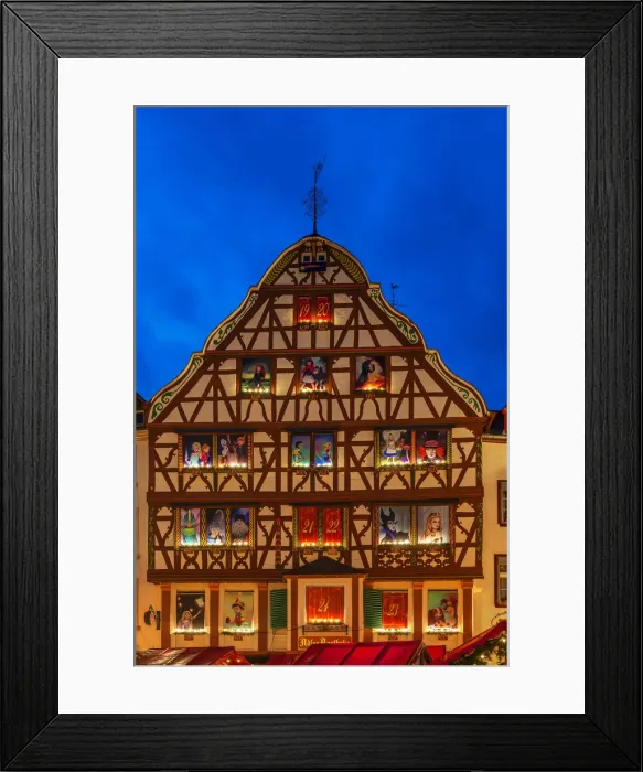 Framed Print : Half-timbered house with Advent calendar decoration, Bernkastel-Kues, Rhineland-Palatinate