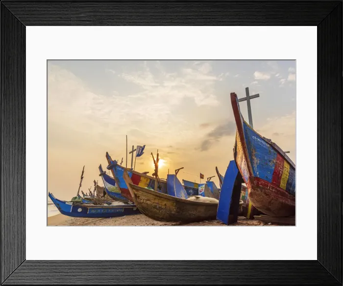 Framed Print : Africa, Ghana, Elmina and surroundings. Traditional fishing boats on the beach in Framed Print : Africa, Ghana, Elmina and surroundings. Traditional fishing boats on the beach in